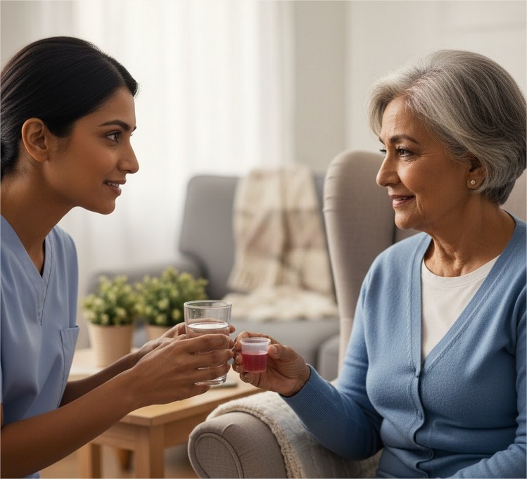 Cuidador aplicando medicamento líquido por via oral em paciente idoso, reforçando a técnica de dosagem correta
