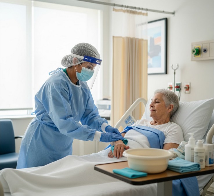 Enfermeira realizando cuidados para pacientes acamados