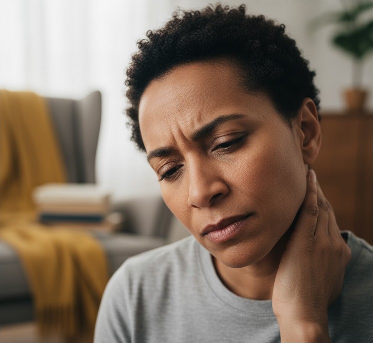 Pessoa com dor de cabeça na nuca, um possível sintoma de hipertensão arterial não controlada.
