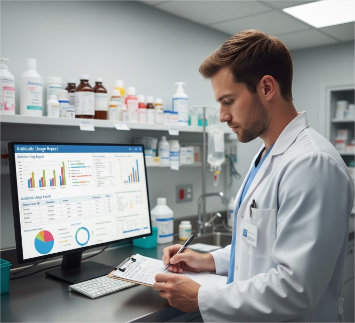 Enfermeiro preenchendo checklist de antibiótico na sala de medicação, computador ao lado mostrando relatório de uso.