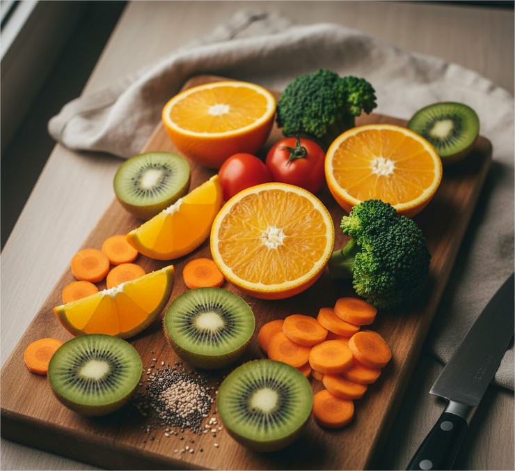 Alimentos saudáveis para fortalecer a imunidade, conforme está demonstrado na tábua com cenouras picadas, kiwi, laranja, couve-flor e tomates