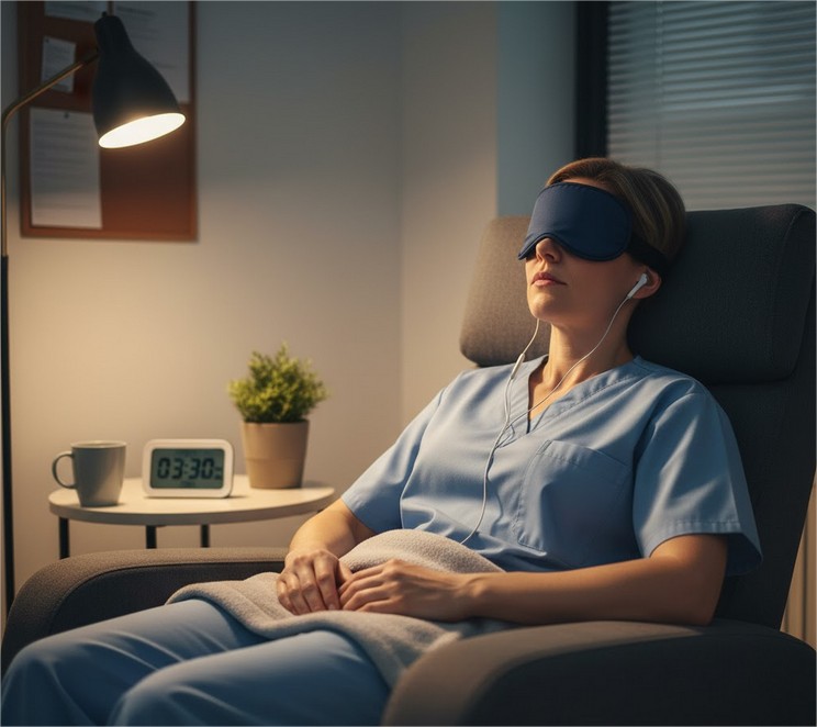 Enfermeira realizando o descanso, para aumentar o desempenho cognitivo e atuar na garantia da segurança do paciente