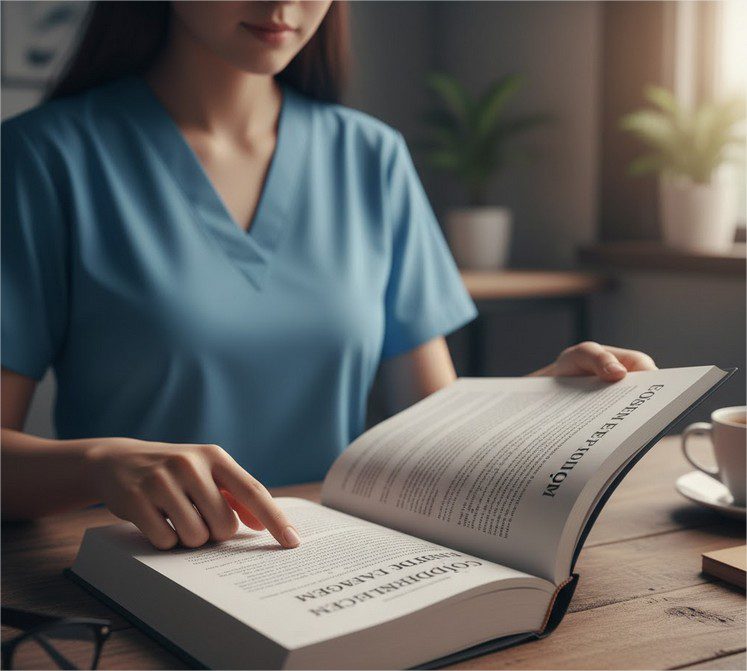 Enfermeira lendo o Codigo de Etica da Enfermagem atualizado em portugues