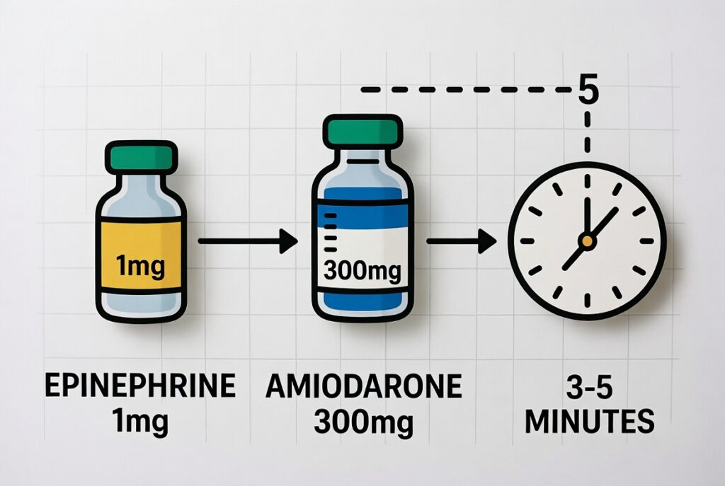 Infográfico com sequência e dosagem de medicamentos na ressuscitação cardiopulmonar adulto