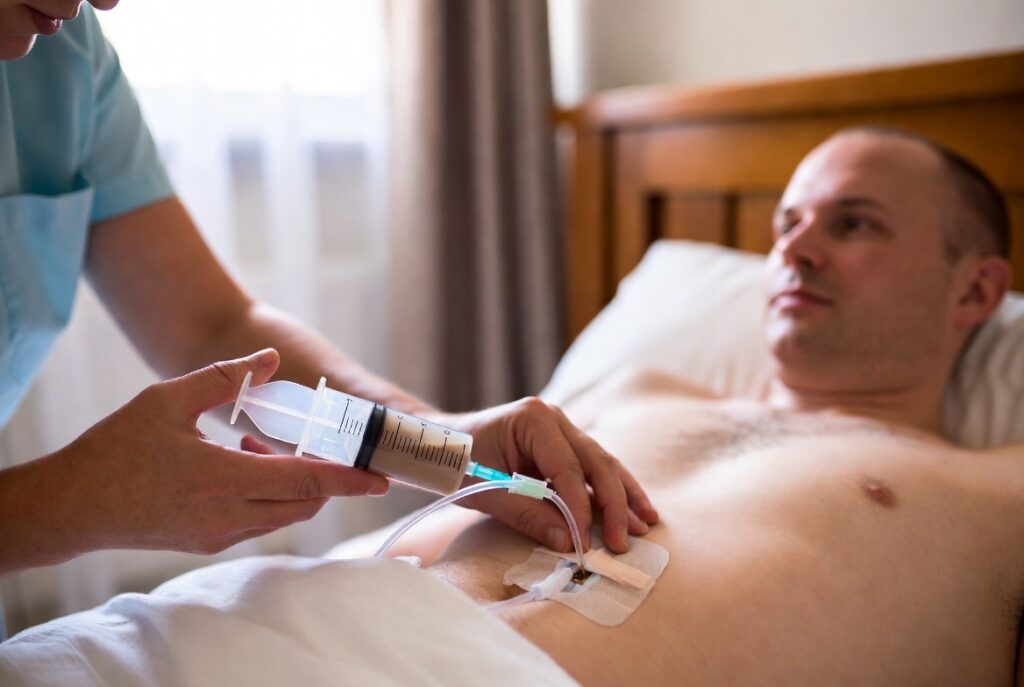 Cuidador administrando dieta enteral através de sonda de gastrostomia em ambiente domiciliar