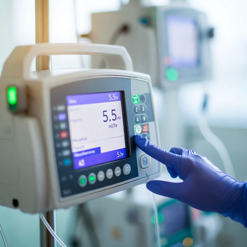 Bomba de infusão inteligente em uso por enfermeira, mostrando precisão na taxa de fluxo para segurança do paciente.