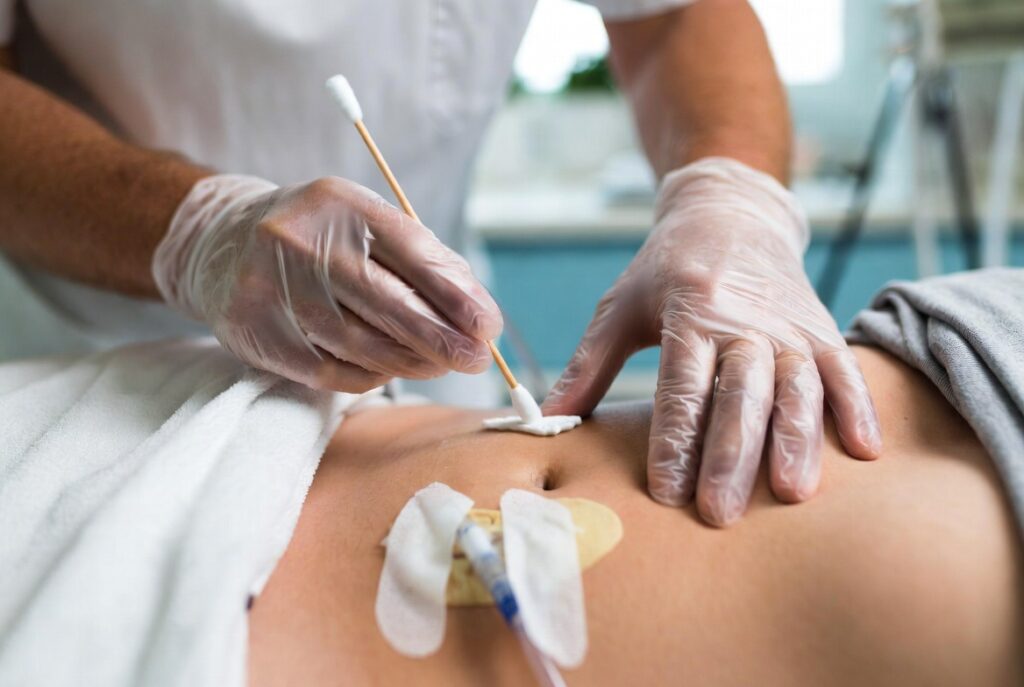 Técnica correta de higienização do estoma de gastrostomia com gaze e solução fisiológica
