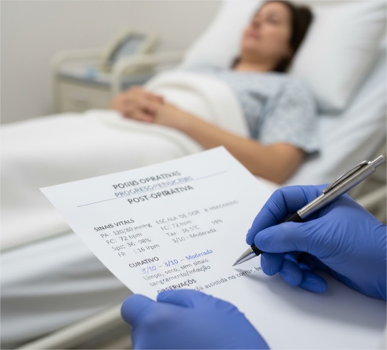 Cuidados de Enfermagem no pós-operatório. Enfermeiro registrando dados na evolução de enfermagem, documentando os cuidados no pós-operatório para monitoramento contínuo do paciente.