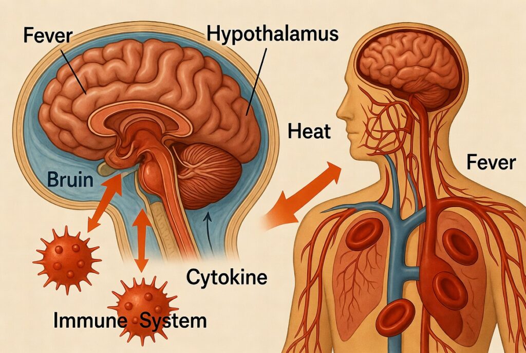 Ilustração médica mostrando como o hipotálamo regula a temperatura corporal durante a febre