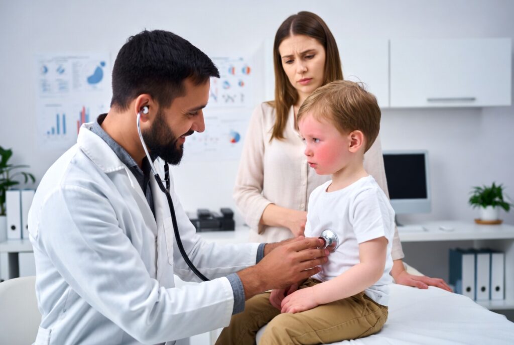 Pediatra examinando criança com febre durante consulta médica com presença dos pais Pediatra examinando criança com febre durante consulta médica com presença dos pais