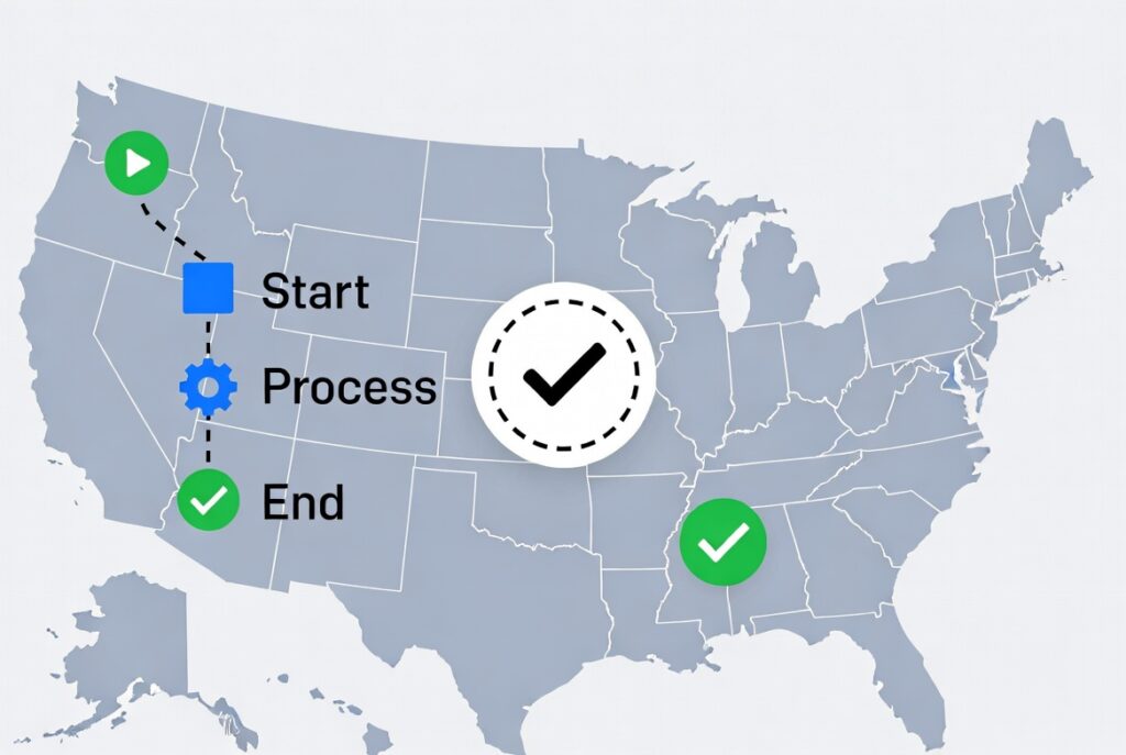 Enfermagem nos Estados Unidos: Mapa dos EUA mostrando etapas para validar diploma de enfermagem estrangeiro
