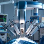 Sistema de cirurgia robótica realizando procedimento para câncer de próstata em ambiente hospitalar moderno, com braços robóticos de alta precisão e equipe médica monitorando.