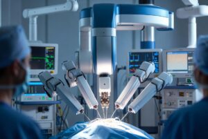 Sistema de cirurgia robótica realizando procedimento para câncer de próstata em ambiente hospitalar moderno, com braços robóticos de alta precisão e equipe médica monitorando.