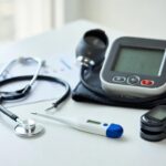 Equipamentos médicos para aferição de sinais vitais incluindo termômetro, esfigmomanômetro e estetoscópio