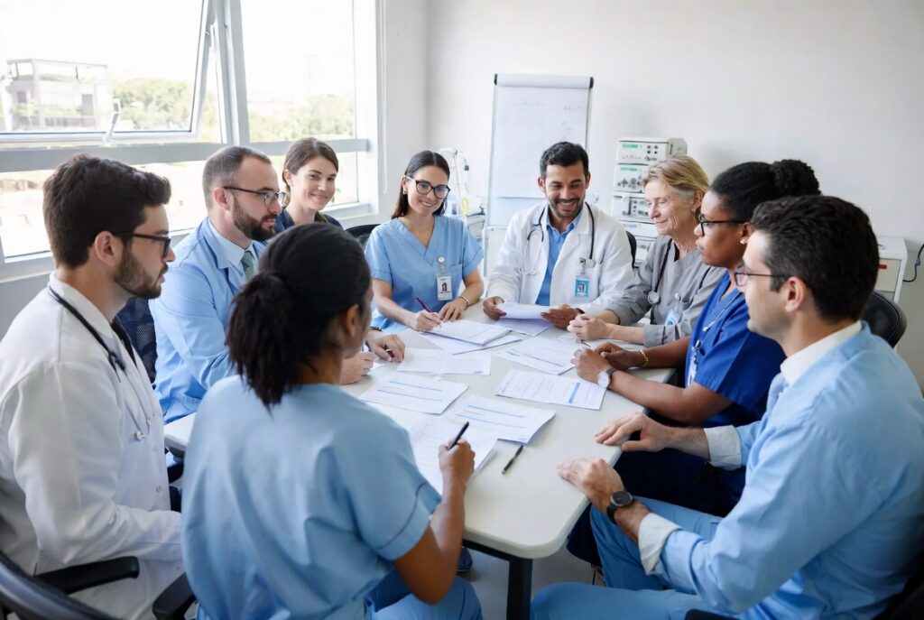 Equipe multidisciplinar de saúde em reunião sobre cuidados ao dependente químico