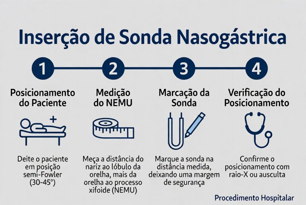 Guia passo a passo que ilustra como medir e inserir uma sonda de alimentação nasoenteral.