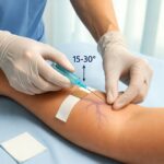 Punção venosa periférica: técnica correta com agulha em veia visível no braço do paciente.