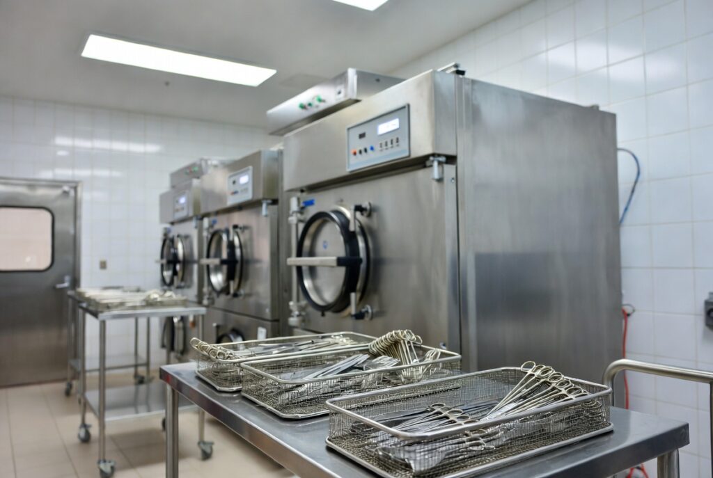 Sala de esterilização hospitalar com autoclaves e instrumentos cirúrgicos.