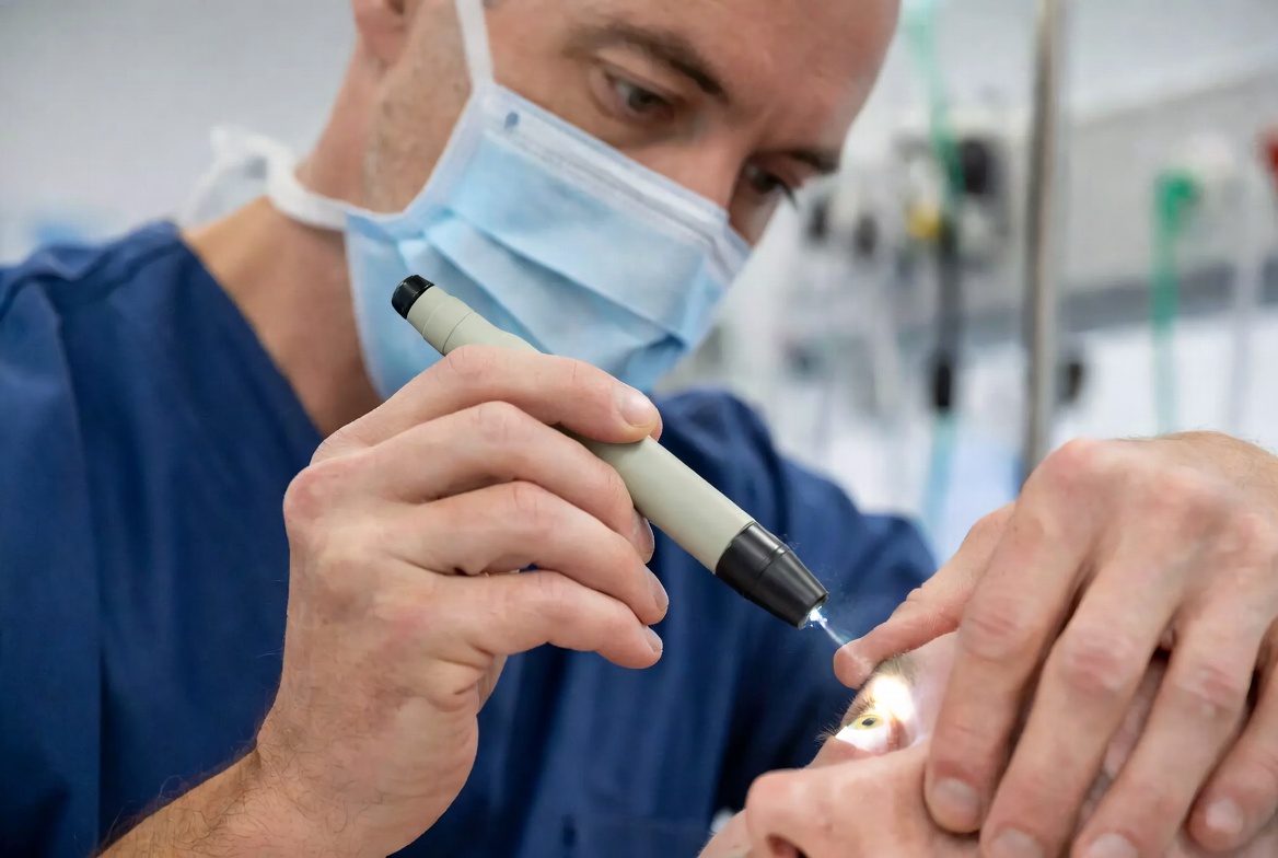 Profissional de saúde realizando avaliação neurológica com lanterna clínica.