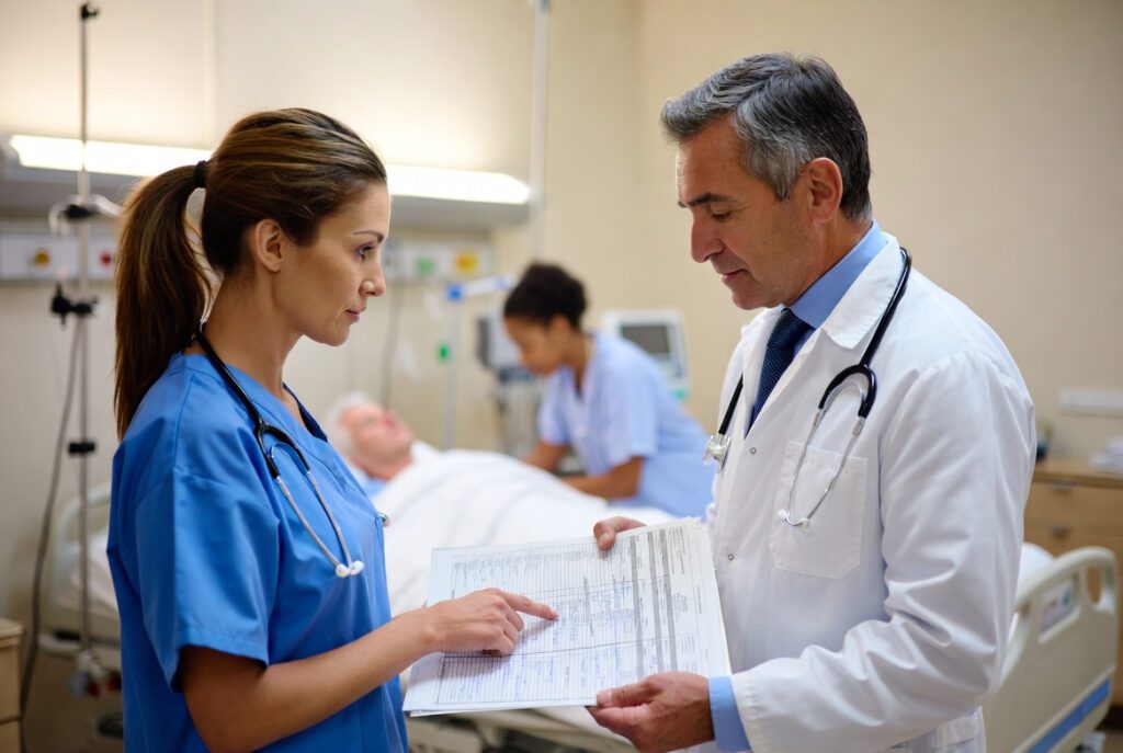 Equipe de saúde usando terminologia médica em prontuário.