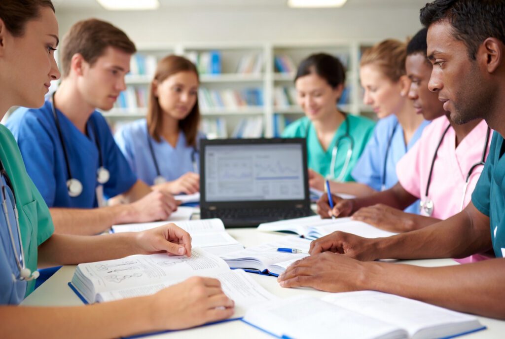 Estudantes de enfermagem aprendendo termos técnicos em grupo
