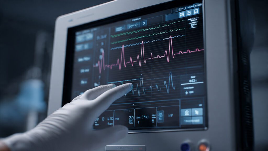 Monitor hospitalar mostrando capnografia e ritmo cardíaco em atendimento de PCR
