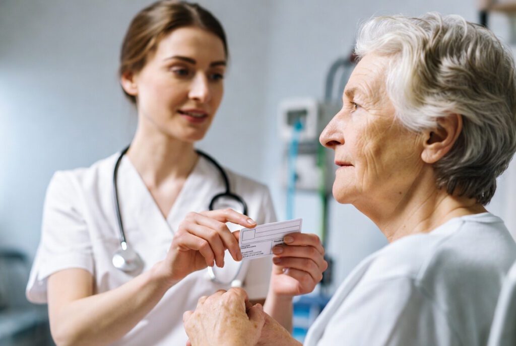 Enfermeiro orientando paciente sobre cuidados com anticoagulante.