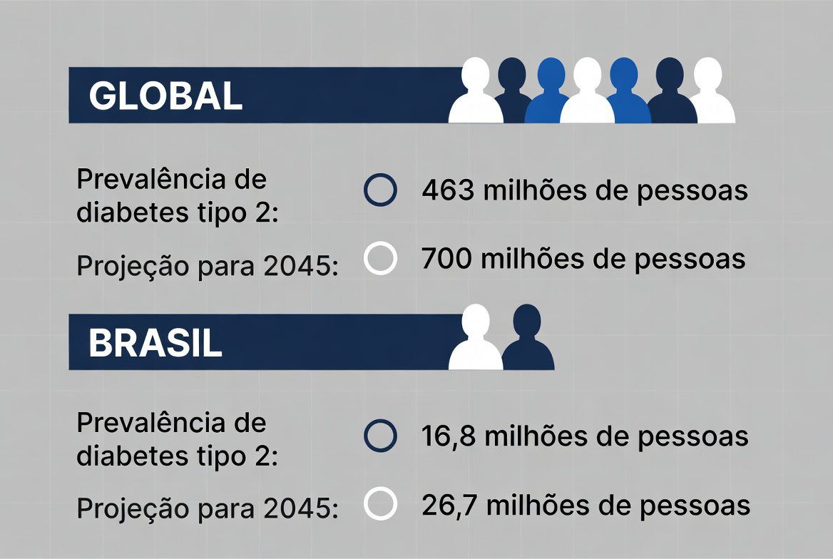 Infográfico sobre prevalência do diabetes tipo 2 no Brasil e no mundo