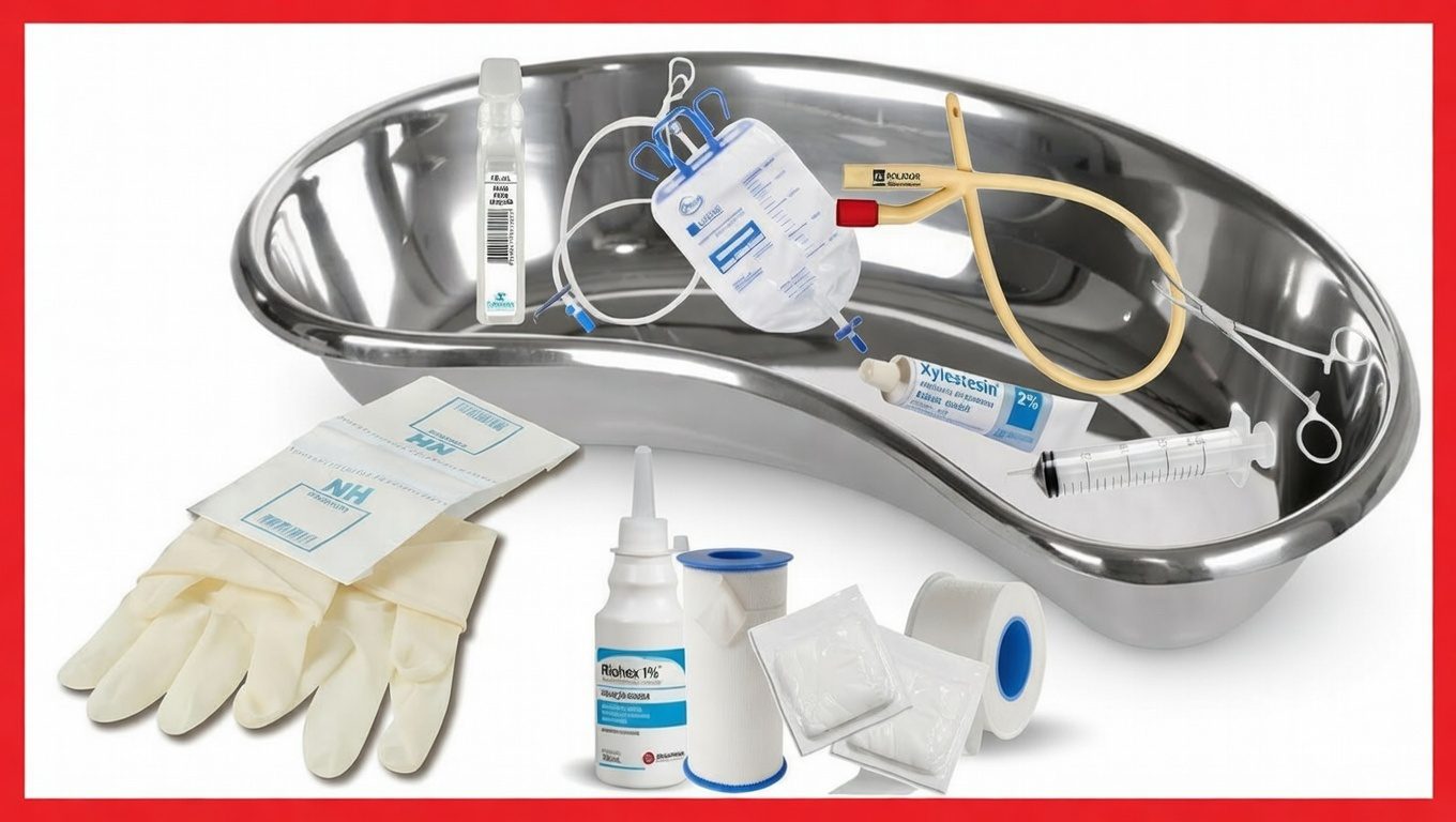 sondagem vesical de demora — enfermeira preparando kit estéril para cateterismo vesical em ambiente hospitalar