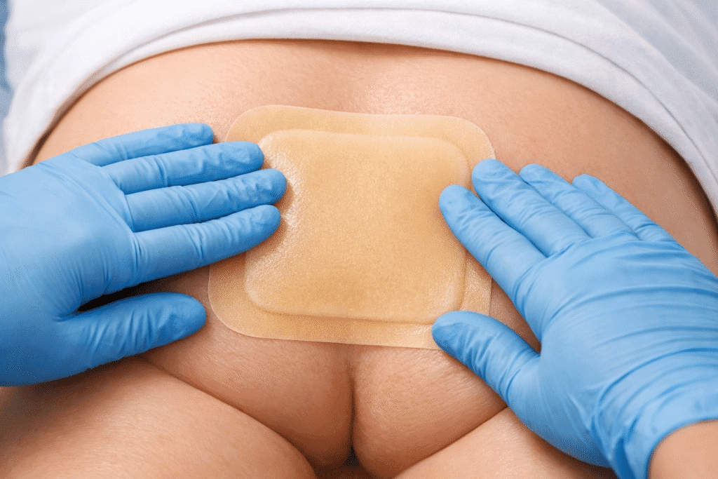 Aplicação de cobertura preventiva de hidrocoloide em região sacra.