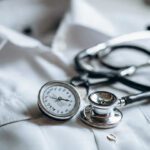 Equipamentos de enfermagem para aferição de sinais vitais sobre um jaleco.