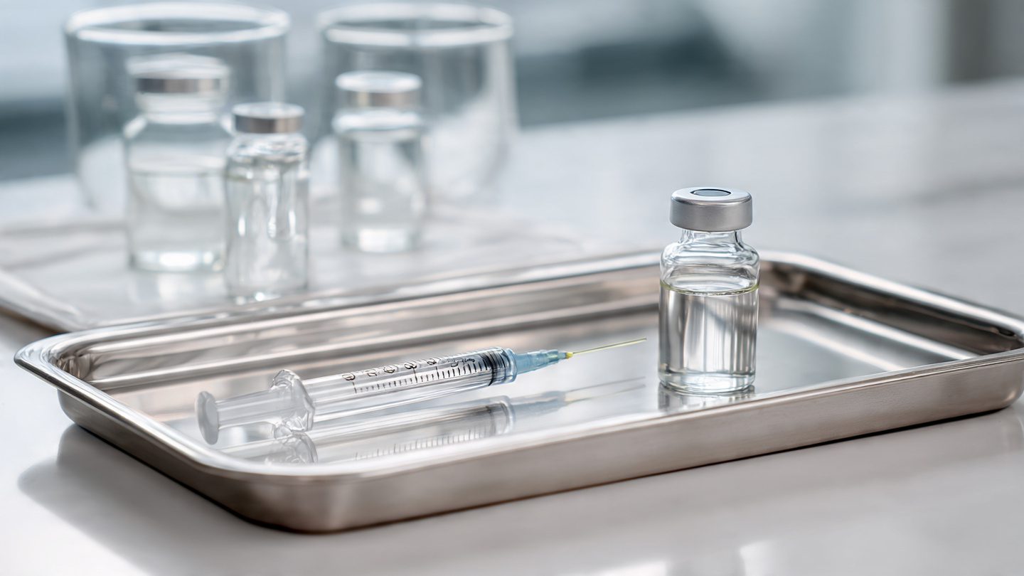 Bandeja de enfermagem preparada para administração de medicamentos com seringa e ampolas.