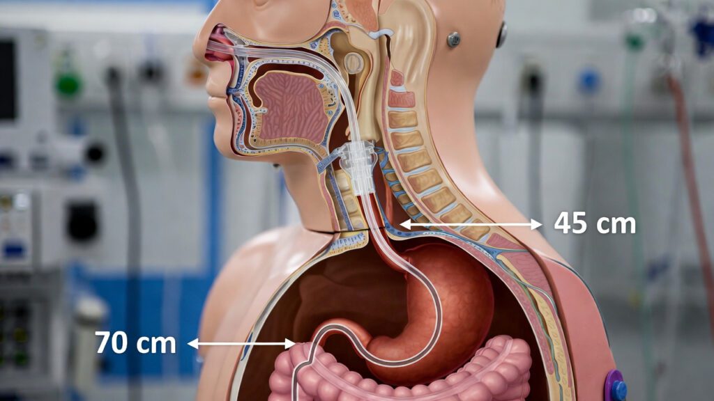 Ilustração médica ou manequim de simulação clínica mostrando o trajeto da sonda da cavidade nasal até o estômago/intestino, destacando os pontos de medição.