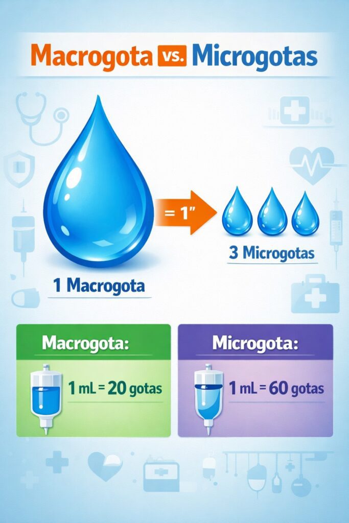 Comparativo visual entre gotas e microgotas para enfermagem.