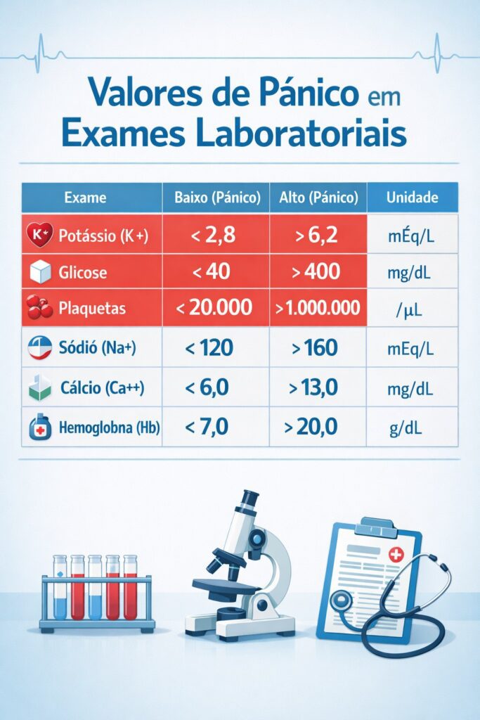 Tabela de valores críticos para interpretação de exames laboratoriais para enfermagem.