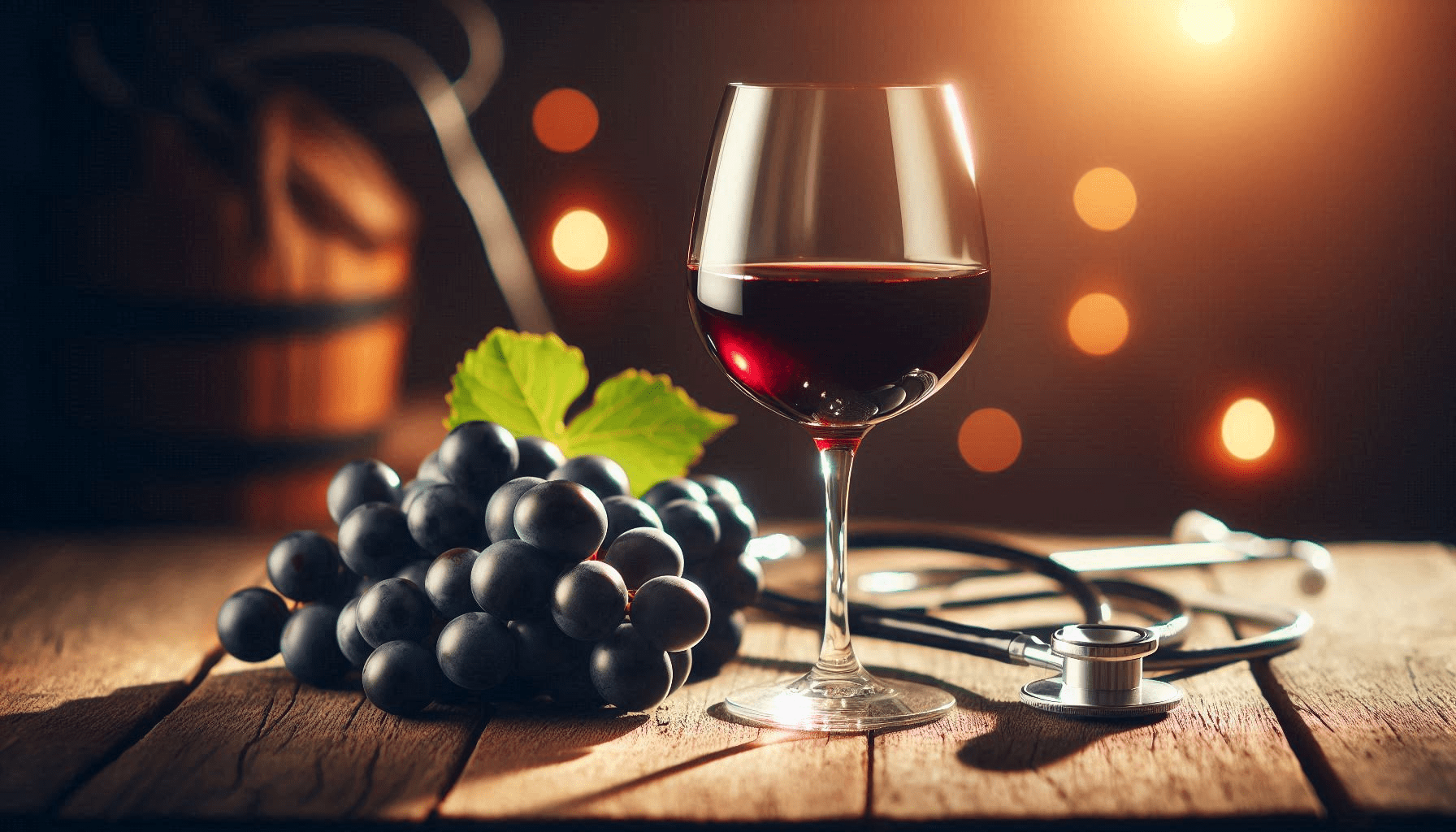 Taça de vinho tinto e estetoscópio representando os benefícios do vinho tinto para a saúde