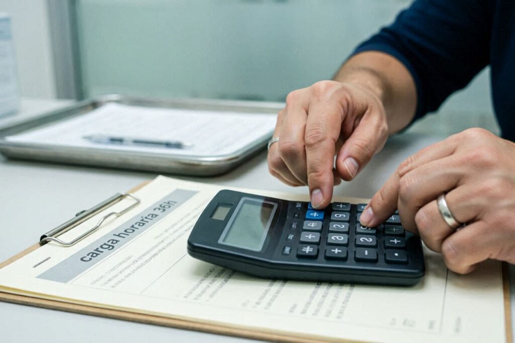 Mão de profissional calculando o salário proporcional do piso da enfermagem no contrato.