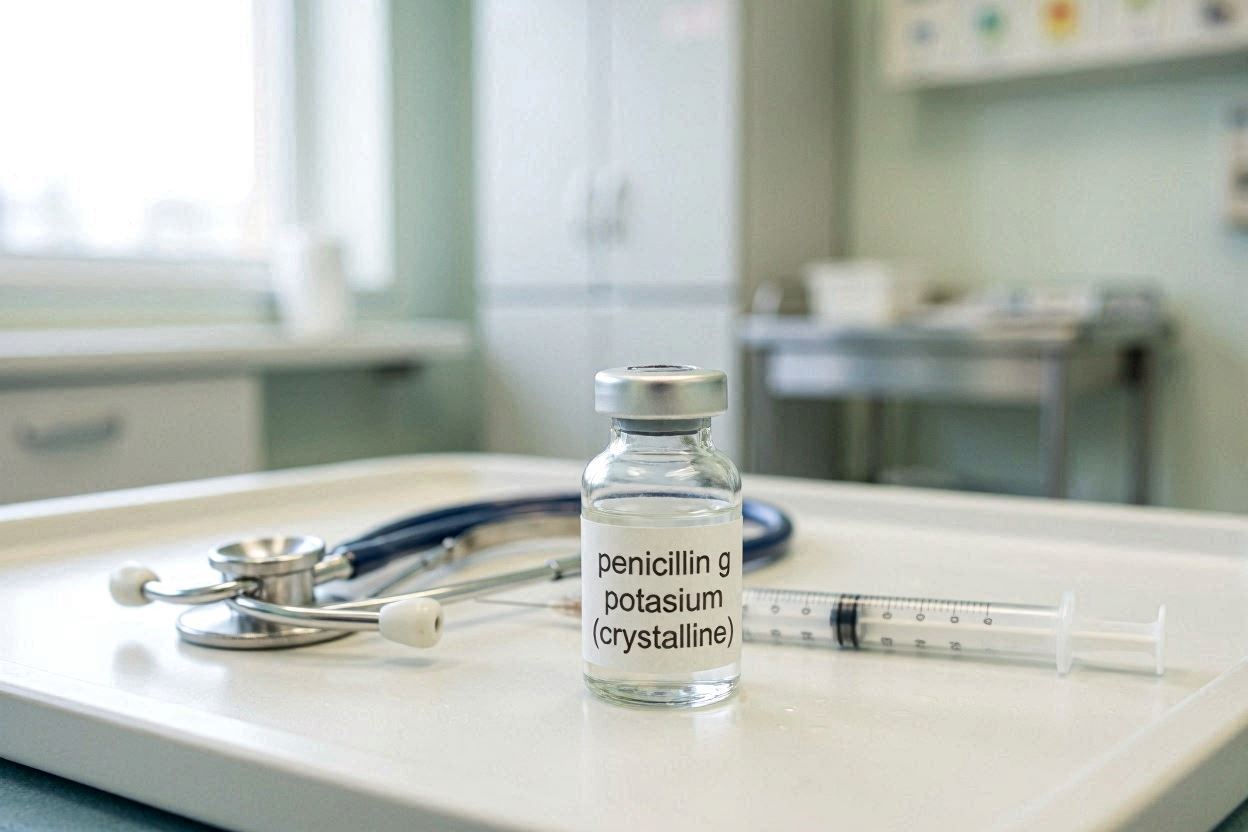 Frasco de penicilina cristalina e seringa em bandeja médica estéril