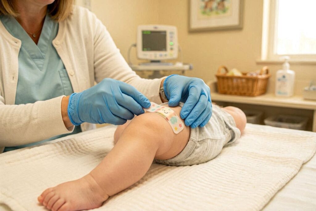 Cuidados humanizados após aplicação de doses da tabela de vacinas.