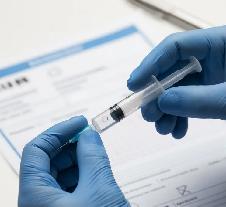 Profissional de saúde preparando medicação injetável com luvas, simbolizando a administração segura de medicamentos