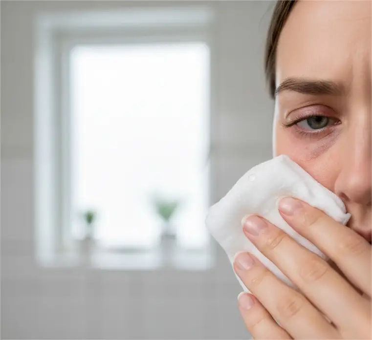 Pessoa aplicando compressa fria com gaze limpa em olho vermelho para alívio dos sintomas da conjuntivite.