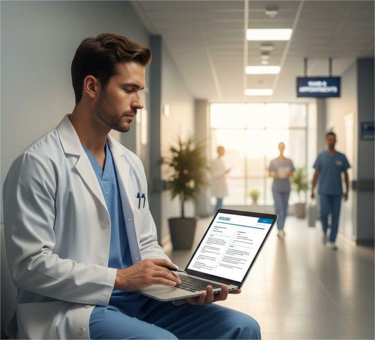 Técnico em Enfermagem revisando currículo moderno no hospital