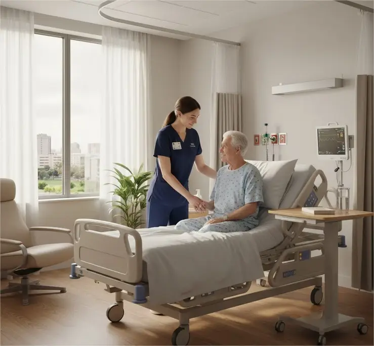 Técnico de enfermagem atendendo paciente em hospital moderno