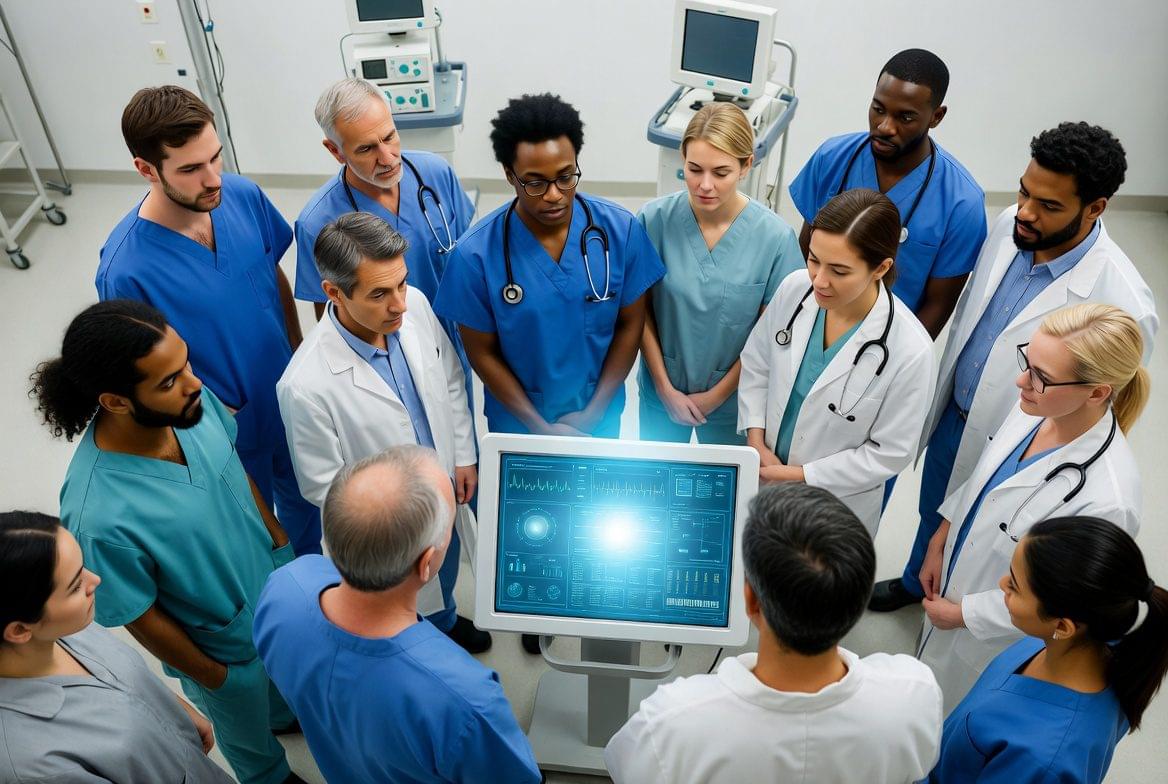 Enfermeiros e profissionais de saúde em treinamento presencial, com tela holográfica simbolizando a proibição da graduação EAD em Enfermagem pelo MEC e o foco na atualização profissional.