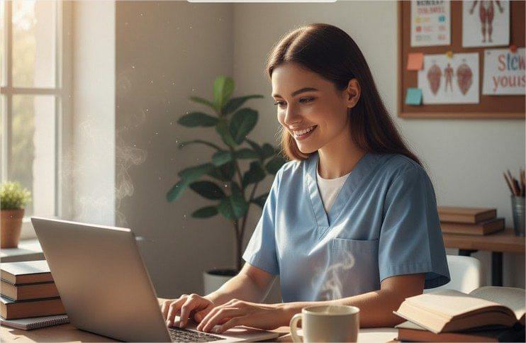 Estudante de enfermagem EAD estudando online em casa com uniforme hospitalar