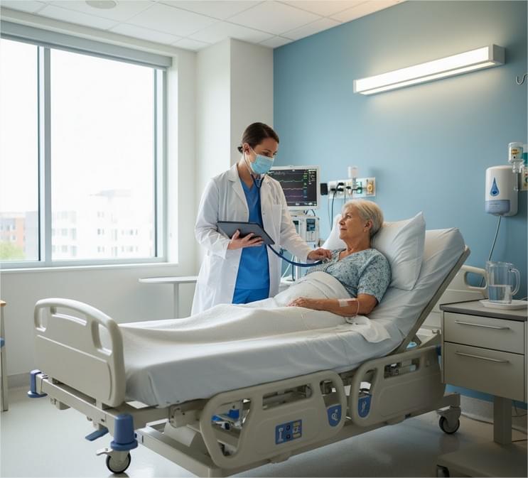 Processo de Enfermagem: enfermeiro realizando avaliação clínica em paciente hospitalizado, com estetoscópio e ficha de prontuário em mãos, ambiente hospitalar bem iluminado.