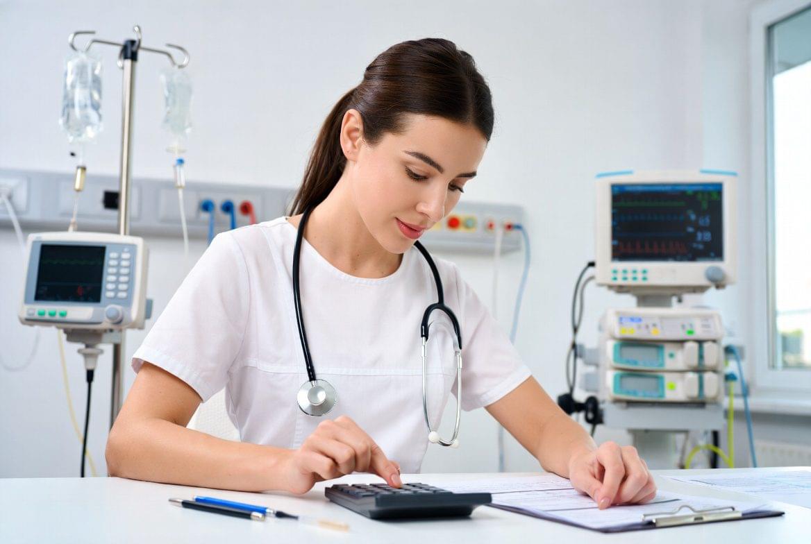 Enfermeira realizando cálculo de medicação com precisão em ambiente hospitalar