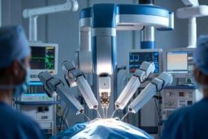 Sistema de cirurgia robótica realizando procedimento para câncer de próstata em ambiente hospitalar moderno, com braços robóticos de alta precisão e equipe médica monitorando.