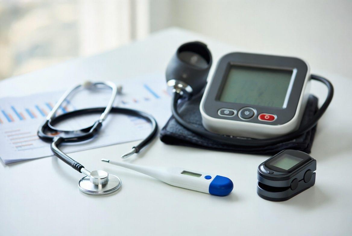 Equipamentos médicos para aferição de sinais vitais incluindo termômetro, esfigmomanômetro e estetoscópio