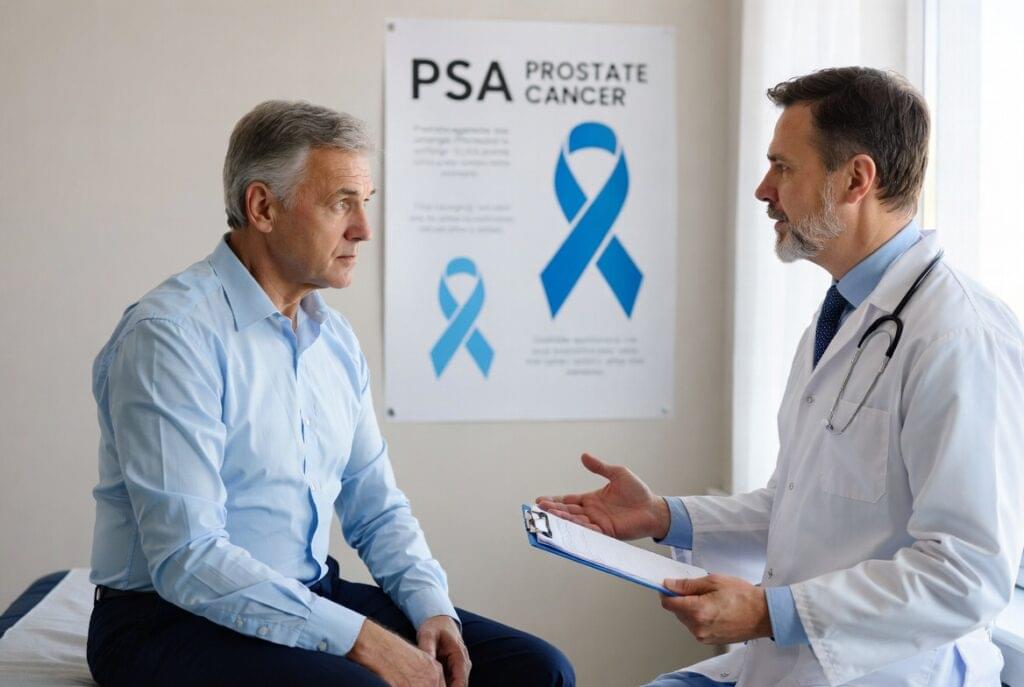 Conceito de conscientização sobre prevenção do câncer de próstata, com homens em consulta médica e infográfico de exame PSA em destaque.
